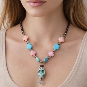 Beaded Necklace with Hand-Carved Turquoise Howlite Skull Pendant